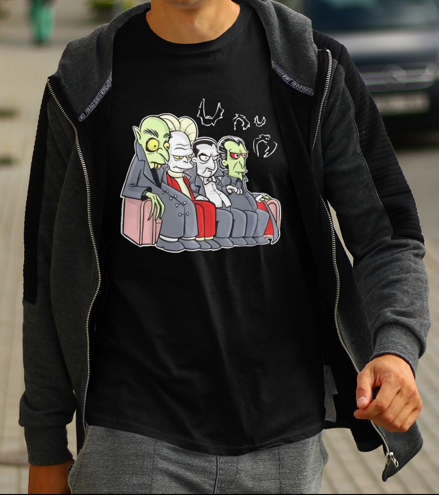 Various Versions Of Draculas Seated On A Couch With Bat Symbols T-Shirt