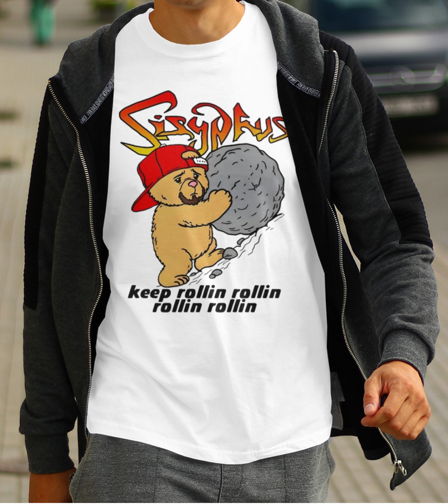 Sisyphus Keep Rollin Rollin Rollin Rollin Bear With Boulder Red Cap T-Shirt