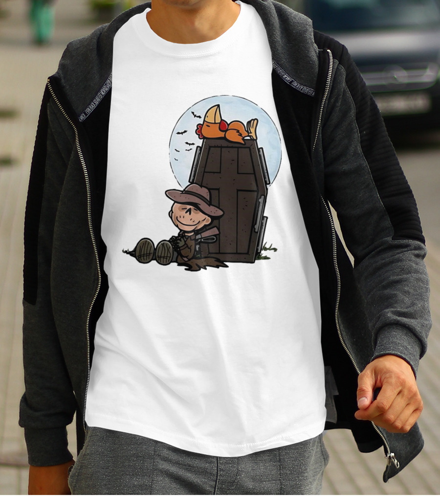 Ghoul And A Chicken From Fallout Peanuts Style Sitting By Coffin Under Moon With Bats T-Shirt