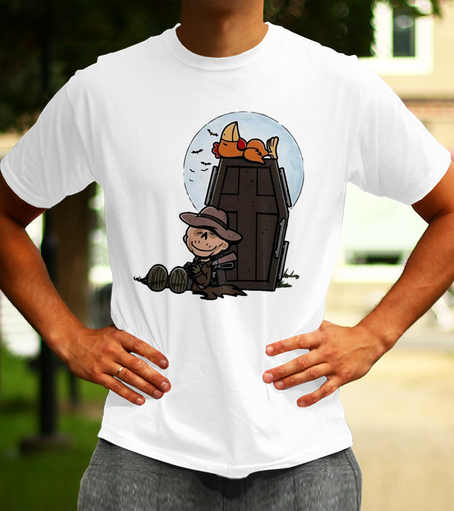 Ghoul And A Chicken From Fallout Peanuts Style Sitting By Coffin Under Moon With Bats T-Shirt