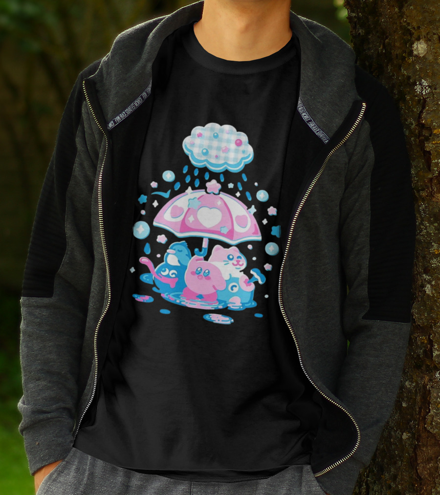 Kirby Gooey And Rick Under Heart Umbrella With Stars And Raindrops T-Shirt