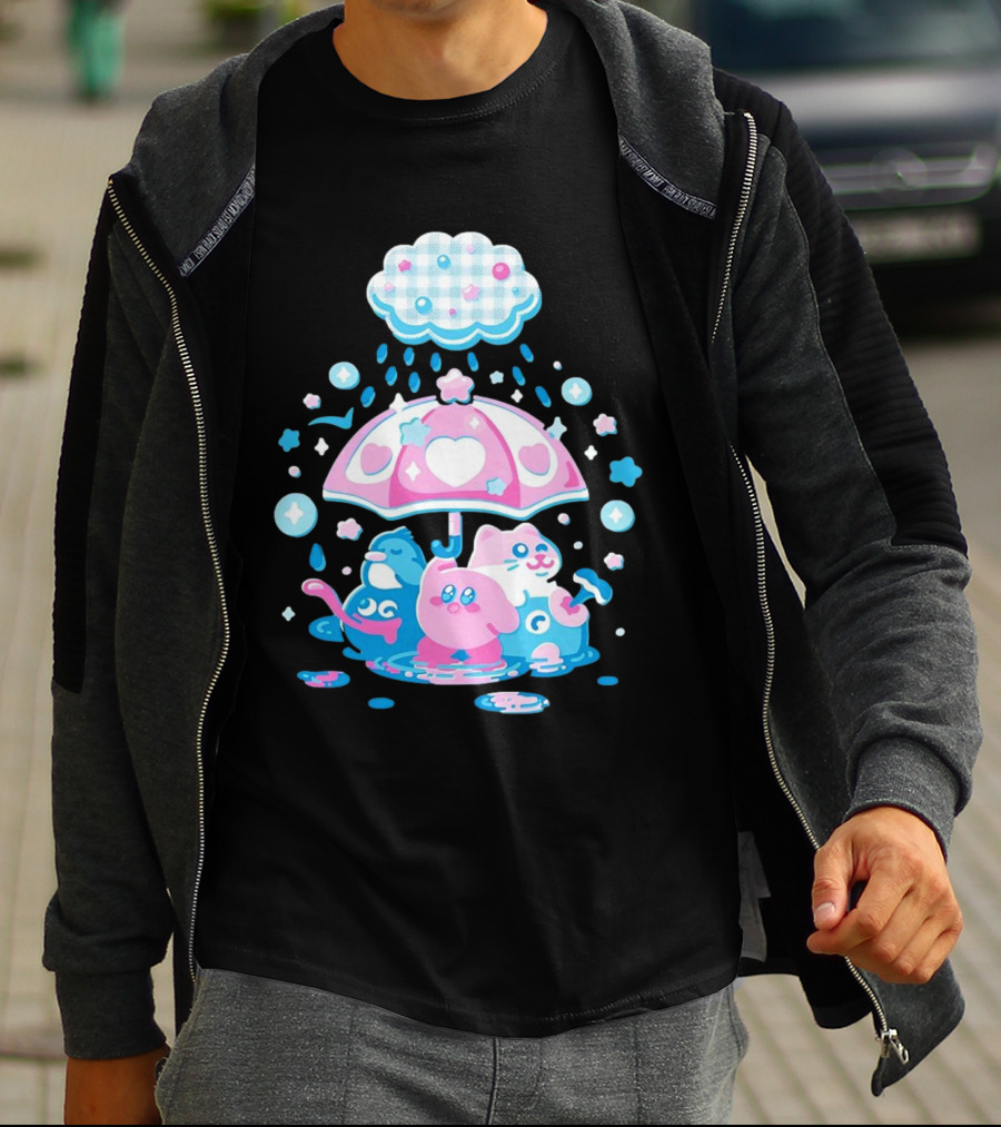 Kirby Gooey And Rick Under Heart Umbrella With Stars And Raindrops T-Shirt