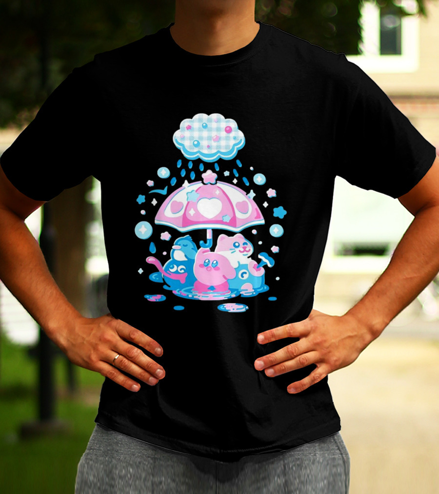 Kirby Gooey And Rick Under Heart Umbrella With Stars And Raindrops T-Shirt