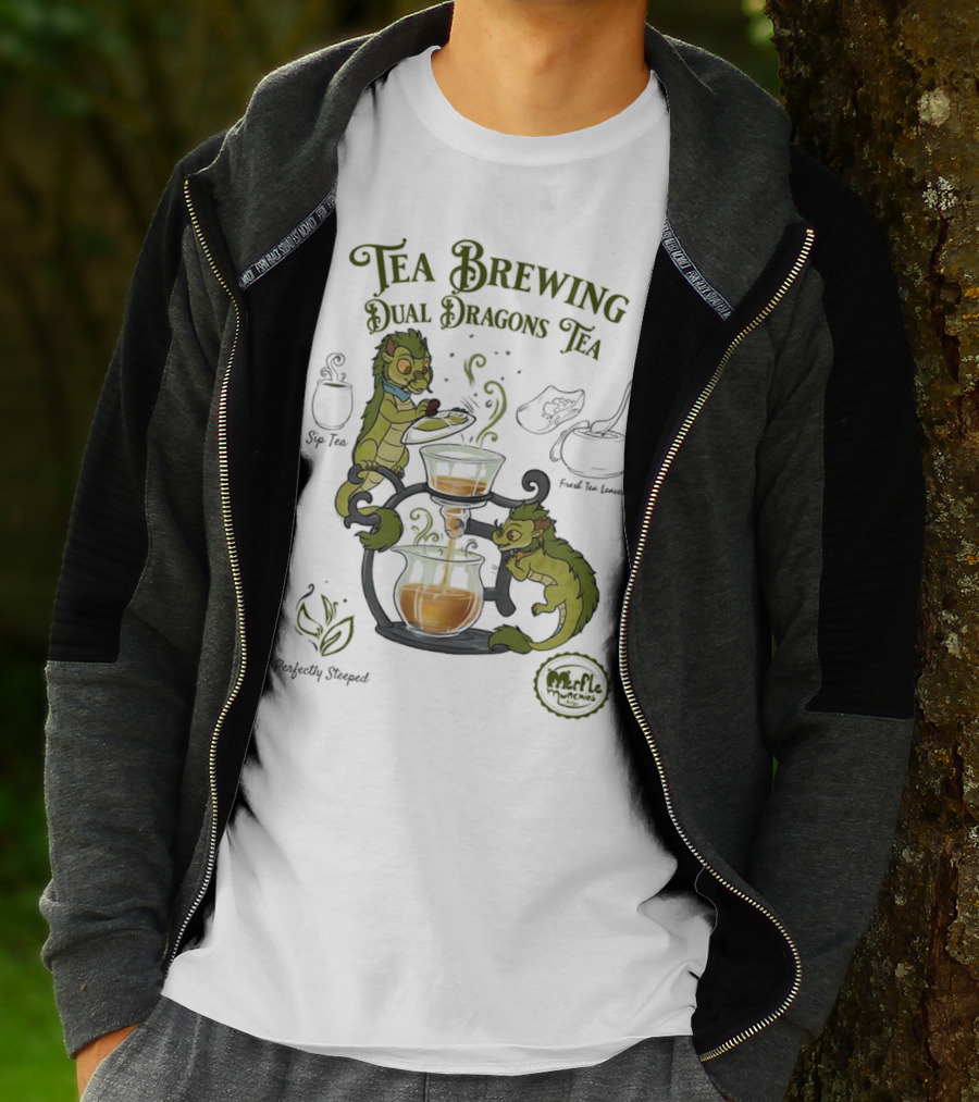 Tea Brewing Dual Dragons Sip Tea Perfectly Steeped Leaf And Kettle T-Shirt