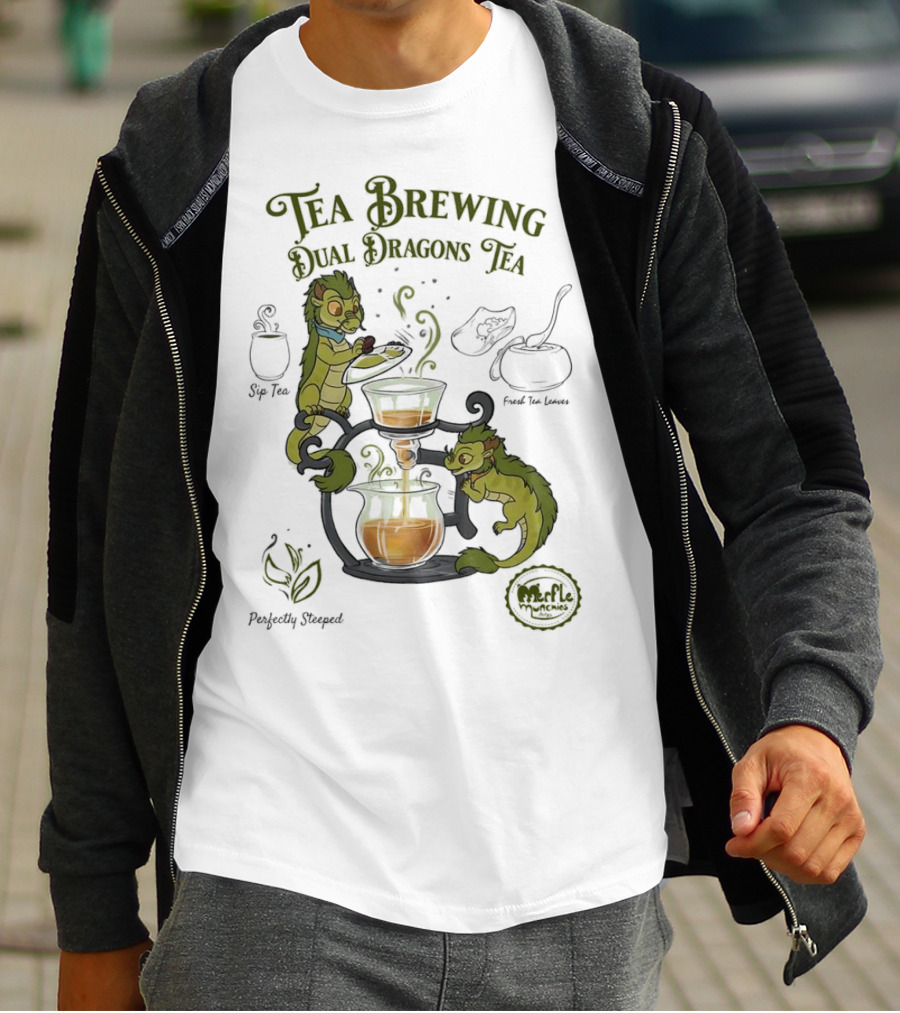 Tea Brewing Dual Dragons Sip Tea Perfectly Steeped Leaf And Kettle T-Shirt