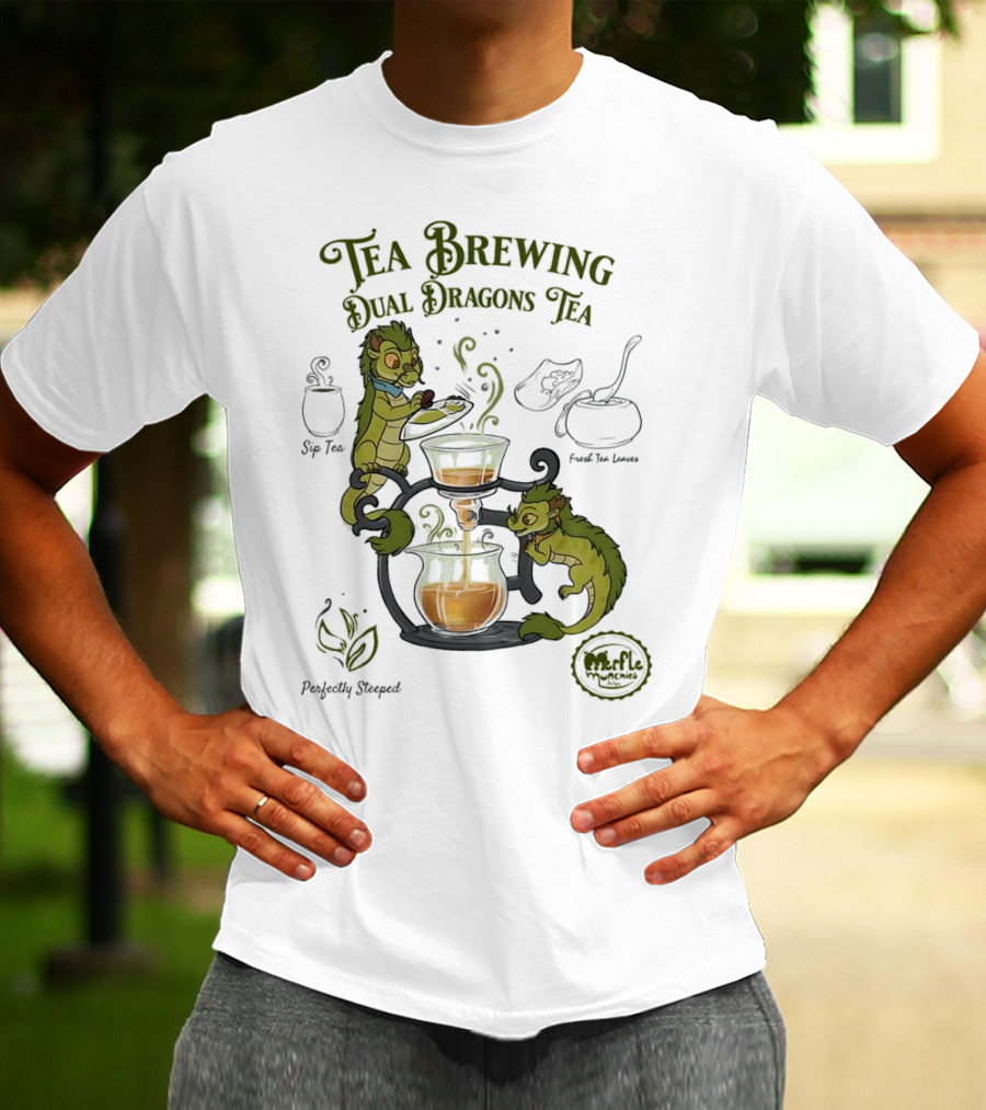 Tea Brewing Dual Dragons Sip Tea Perfectly Steeped Leaf And Kettle T-Shirt