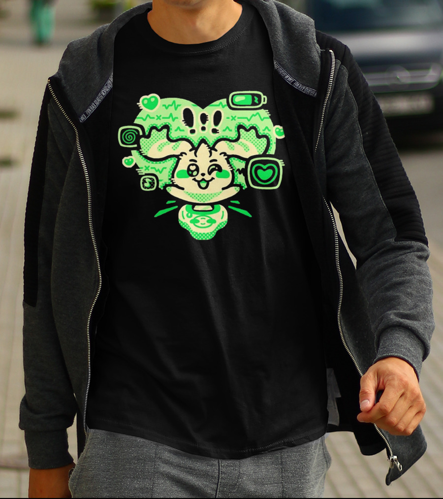 Terriermon Digimon Iconic Green Heartbeat Motif With Digital Symbols T-Shirt