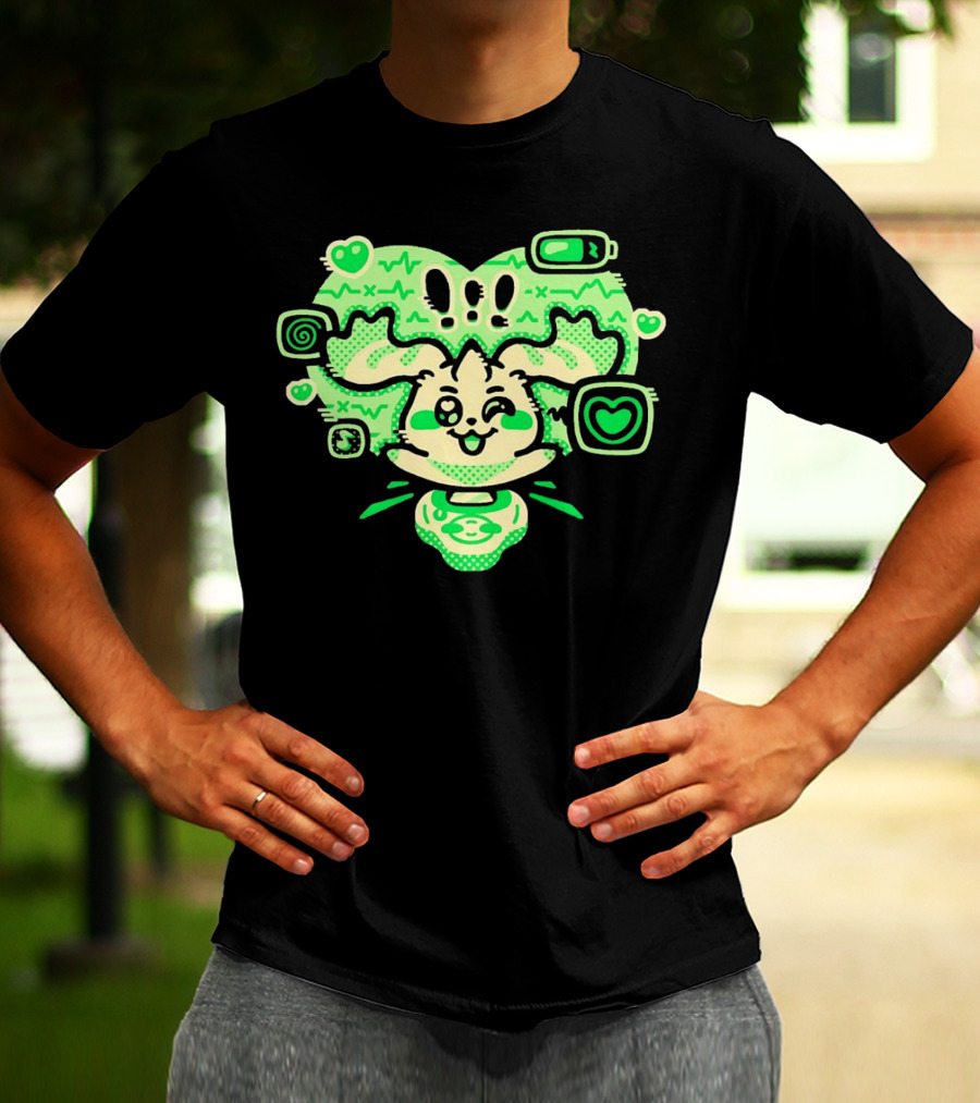 Terriermon Digimon Iconic Green Heartbeat Motif With Digital Symbols T-Shirt