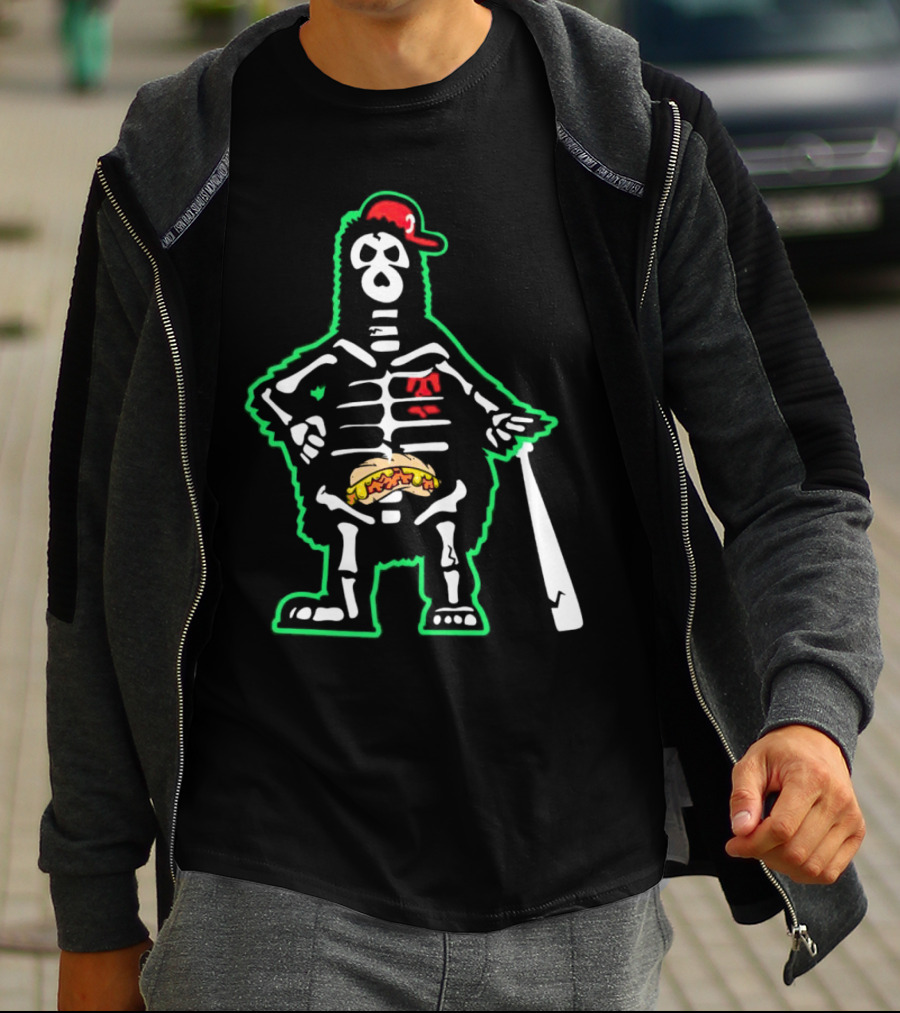 Phillie Phanatic Skeleton With Baseball Bat And Hot Dog Belly T-Shirt