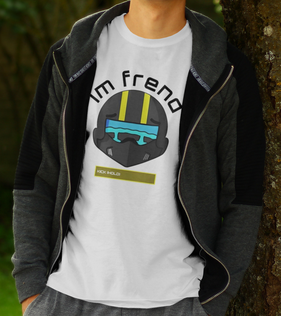 Im Frend Kick Hold Black Helmet Yellow Stripes Blue Visor T-Shirt