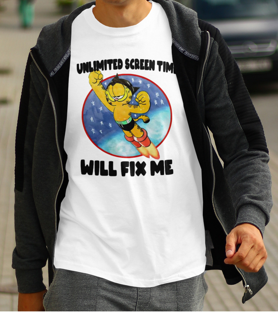Unlimited Screen Time Will Fix Me Garfield Superhero Flight T-Shirt