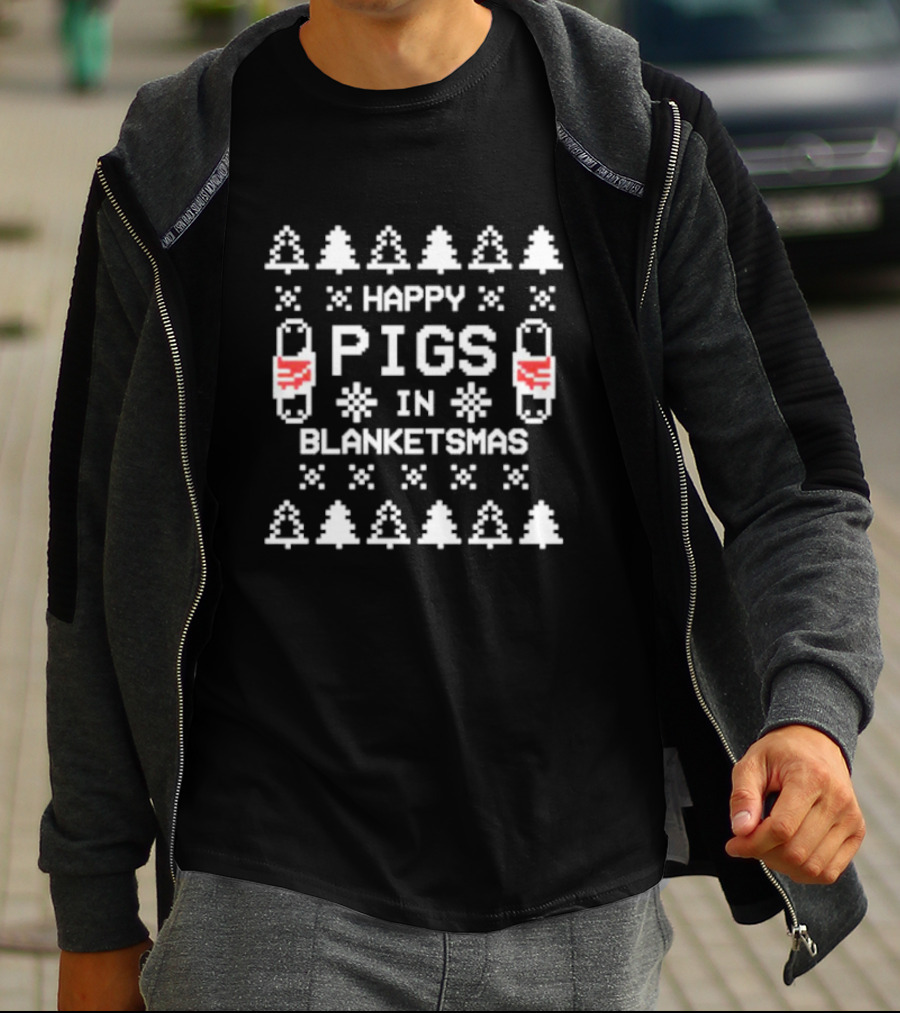 Happy Pigs In Blanketsmas Christmas Trees Snowflakes Ugly T-Shirt