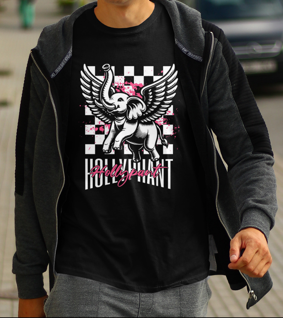Hollypant Flying Elephant Checkered Pink Splatters T-Shirt