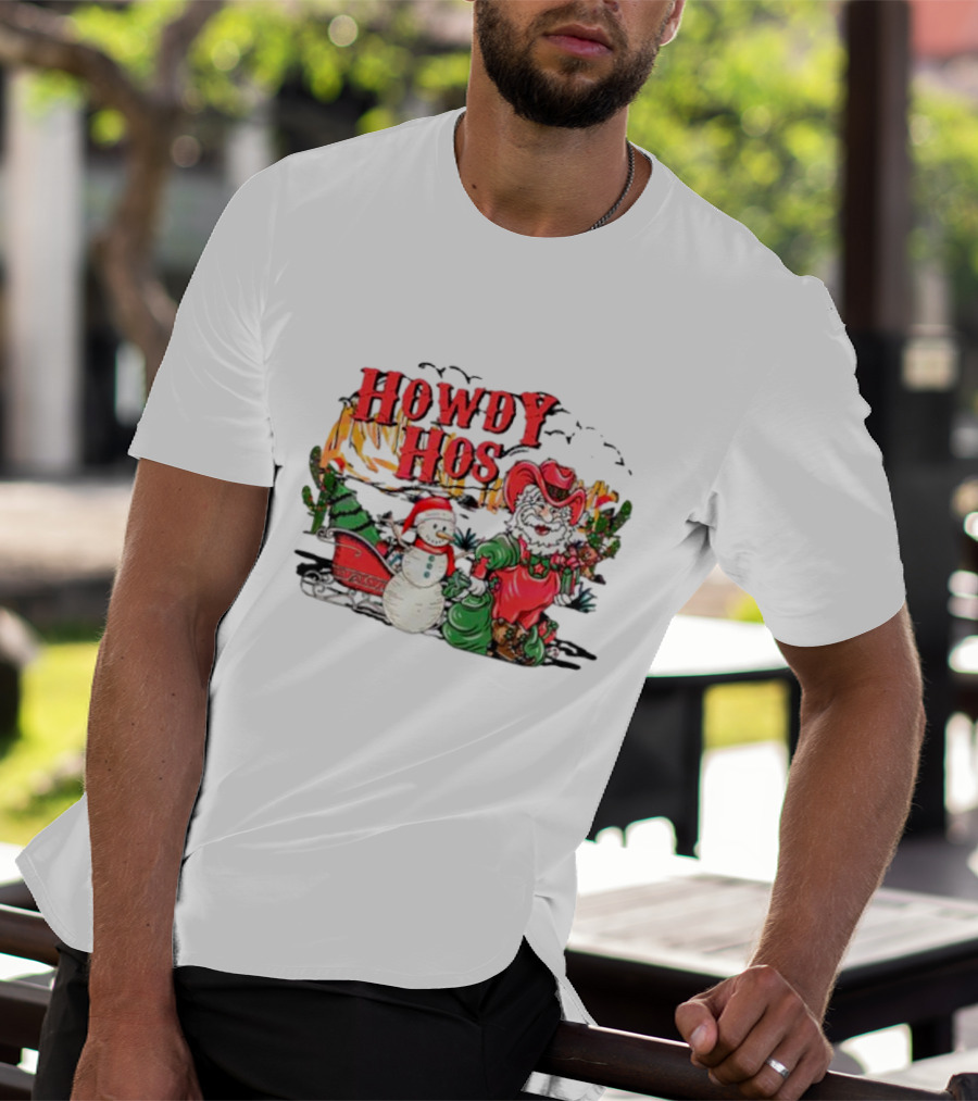 Howdy Hos Santa Snowman Sled Cowboy Christmas Scene T-Shirt