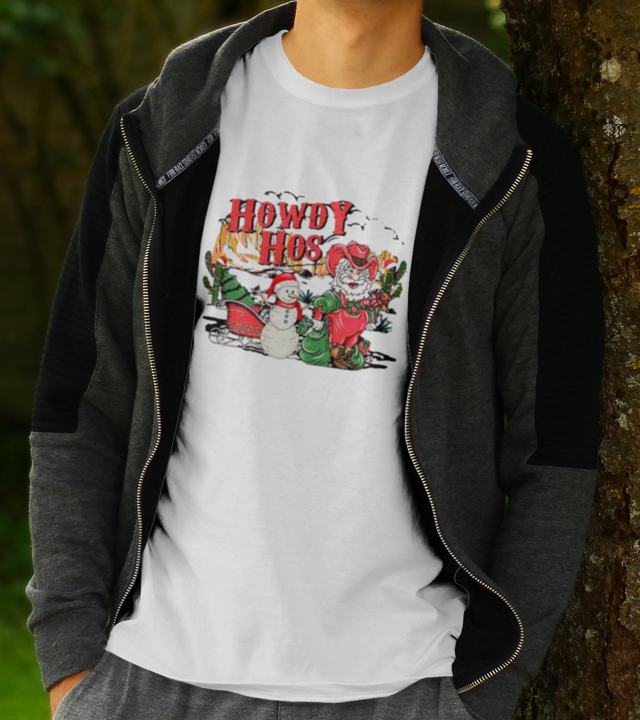 Howdy Hos Santa Snowman Sled Cowboy Christmas Scene T-Shirt