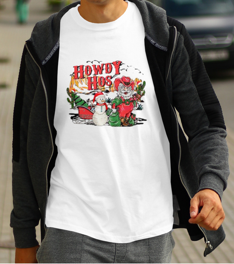 Howdy Hos Santa Snowman Sled Cowboy Christmas Scene T-Shirt
