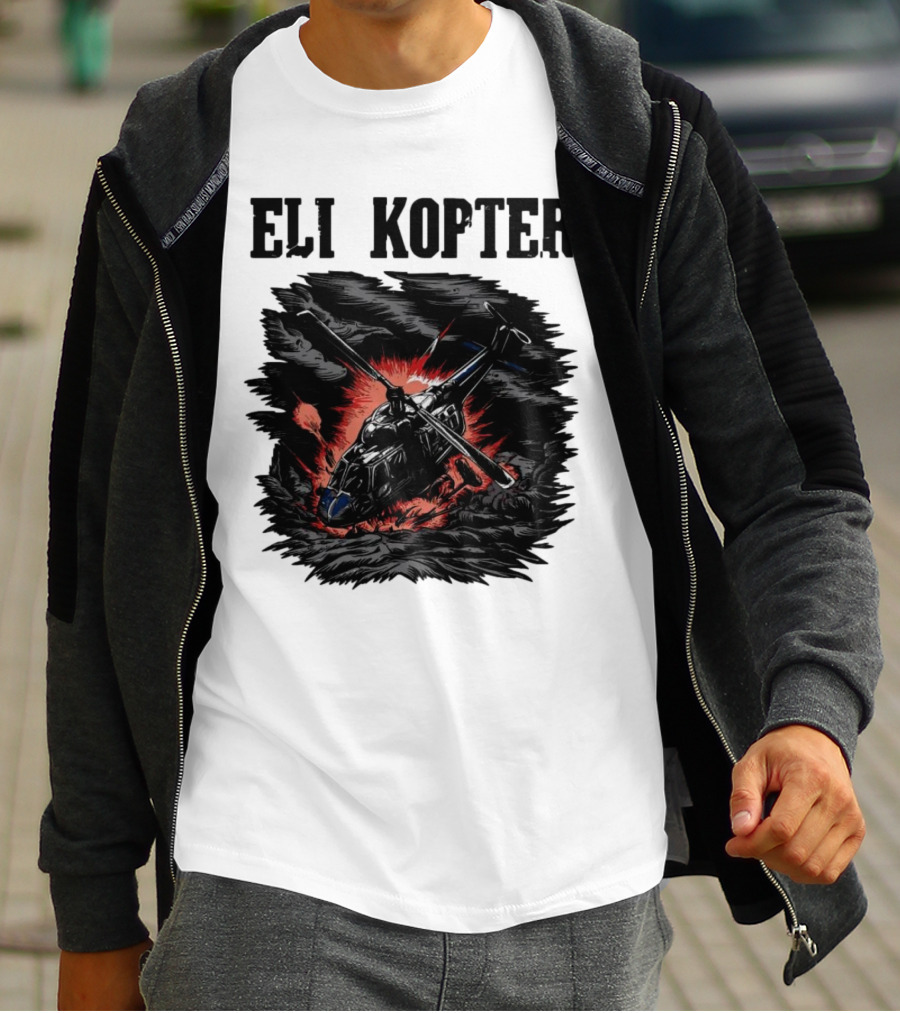 Eli Kopter Helicopter In Stormy Sky With Red Explosion T-Shirt