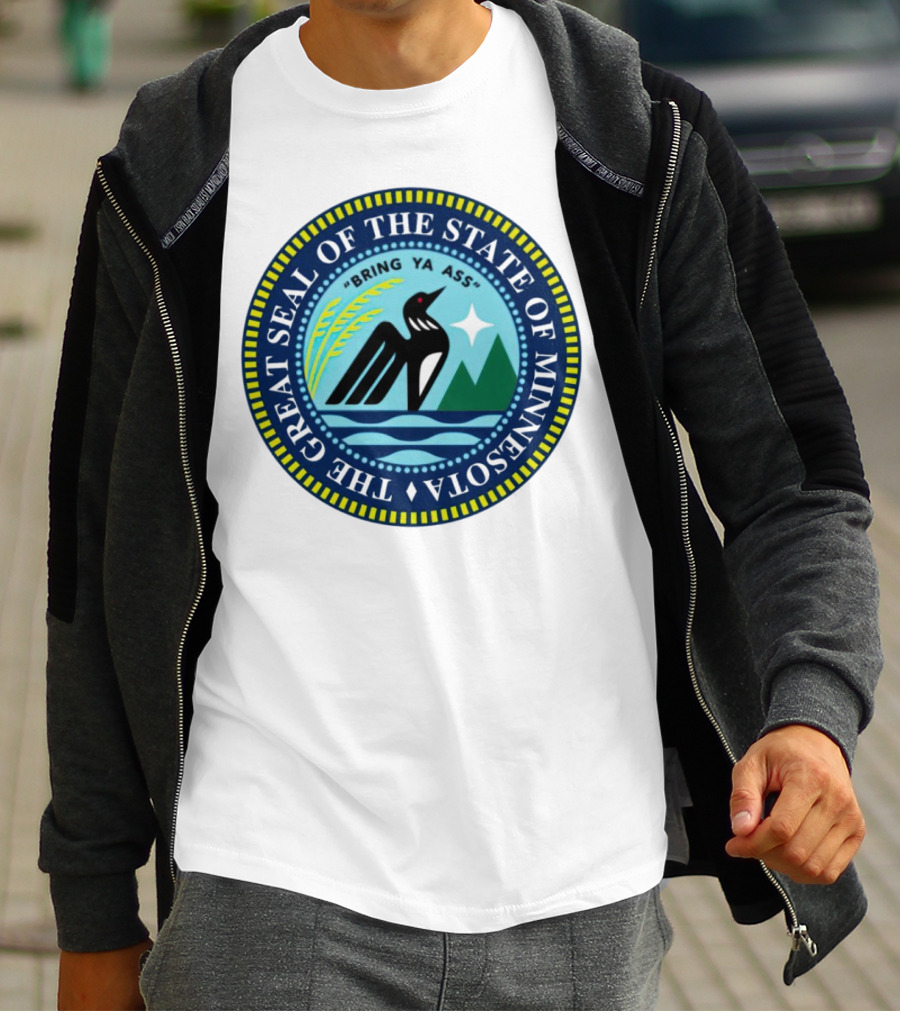 The Great Seal Of The State Of Minnesota Bring Ya Ass Black Bird Mountains Waves Star T-Shirt
