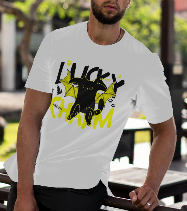 Lucky Charm Booo Meoow Bat Cat Halloween Paws T-Shirt