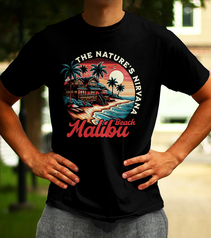 The Nature's Nirvana Malibu Beach Retro Sunset Scene T-Shirt