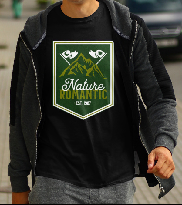 Nature Romantic Est. 1987 Mountain Adventure Sun Moon Flags T-Shirt