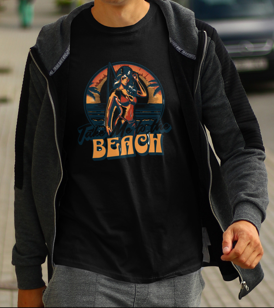 Take Me To The Beach Surfing Sunset With Tropical Vibes And Palm Trees T-Shirt