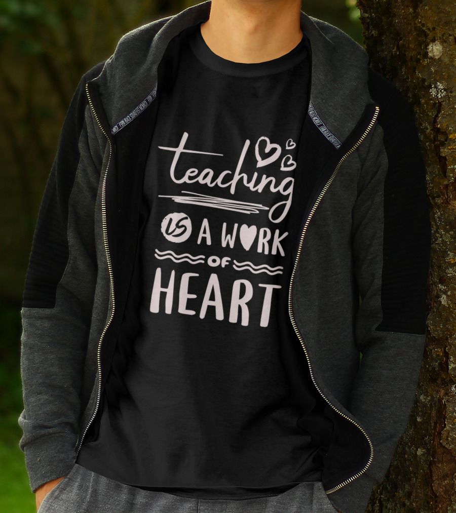 Teaching Is A Work Of Heart With Handwritten Script And Heart Icons T-Shirt