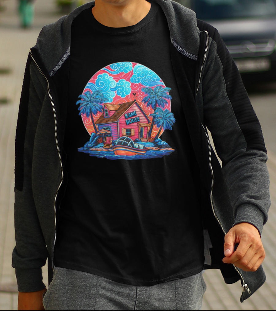Kame House Vibrant Tropical Island Scene Dragon Ball T-Shirt