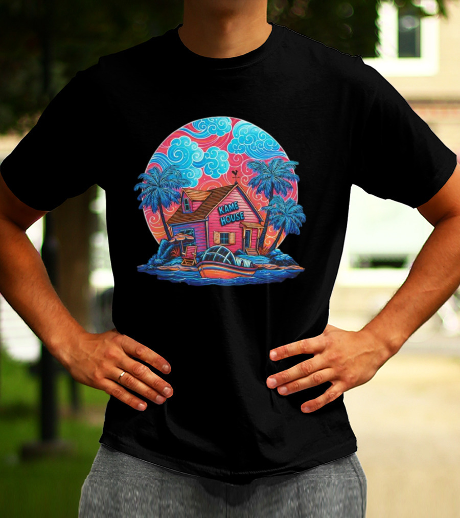 Kame House Vibrant Tropical Island Scene Dragon Ball T-Shirt