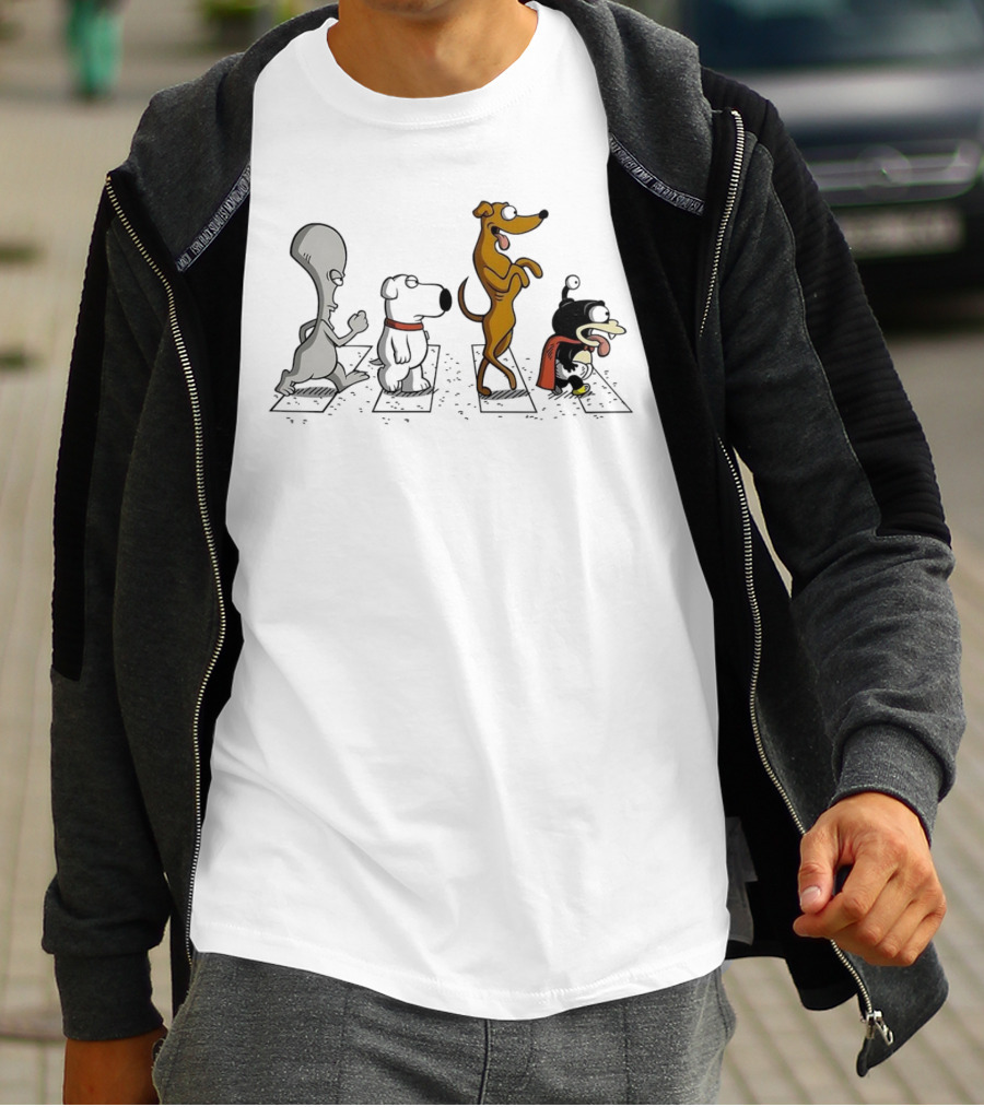 Roger Brian Santa’s Little Helper And Nibbler Walking Across Iconic Crosswalk T-Shirt