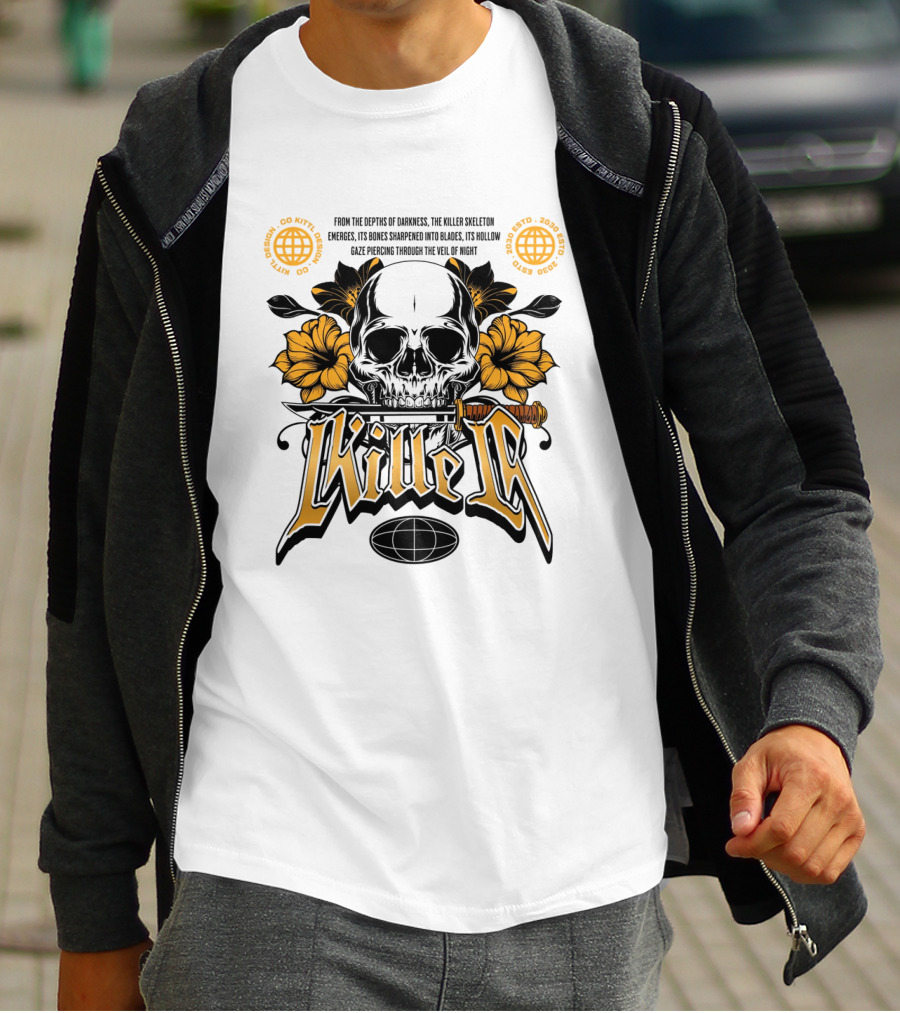 Killer Skeleton Dark Skull With Sword And Flowers T-Shirt