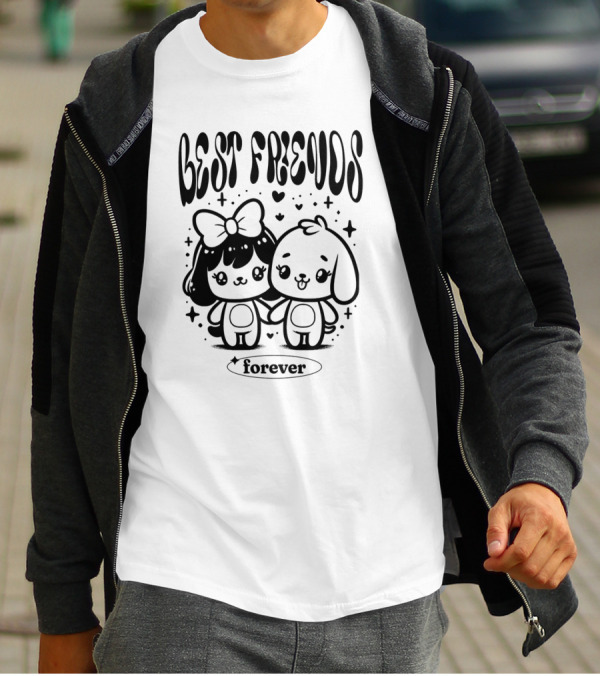 BEST FRIENDS FOREVER Cute Cartoon Characters Holding Hands With Hearts And Stars T-Shirt