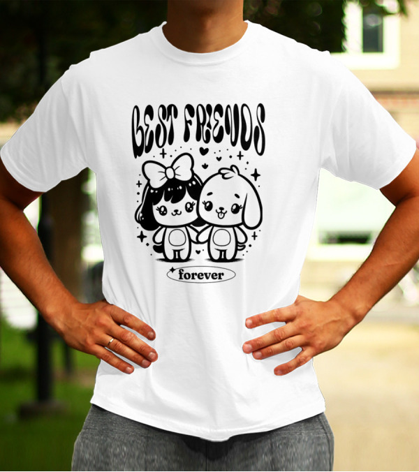 BEST FRIENDS FOREVER Cute Cartoon Characters Holding Hands With Hearts And Stars T-Shirt