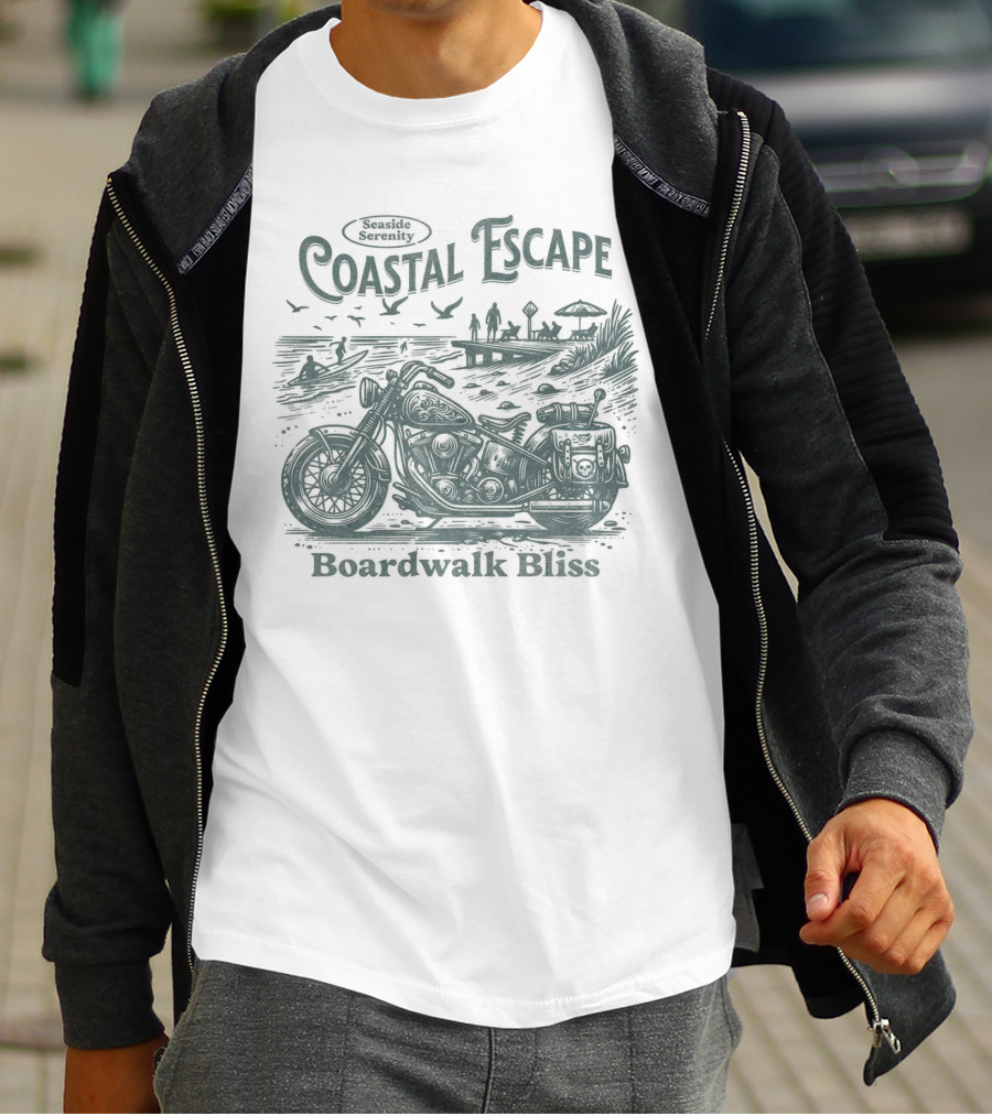 Seaside Serenity Coastal Escape Motorcycle Boardwalk Bliss T-Shirt