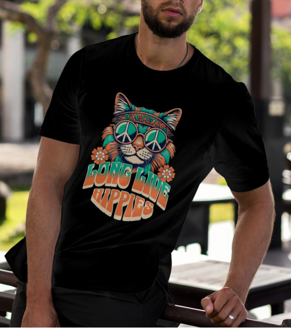 Long Live Hippies Cat With Peace Sign Glasses And Flowers T-Shirt