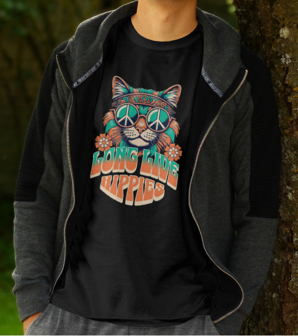 Long Live Hippies Cat With Peace Sign Glasses And Flowers T-Shirt