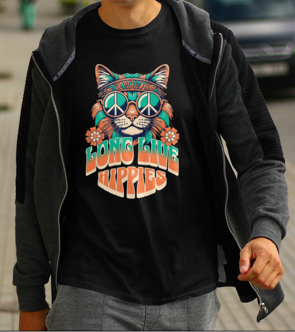 Long Live Hippies Cat With Peace Sign Glasses And Flowers T-Shirt