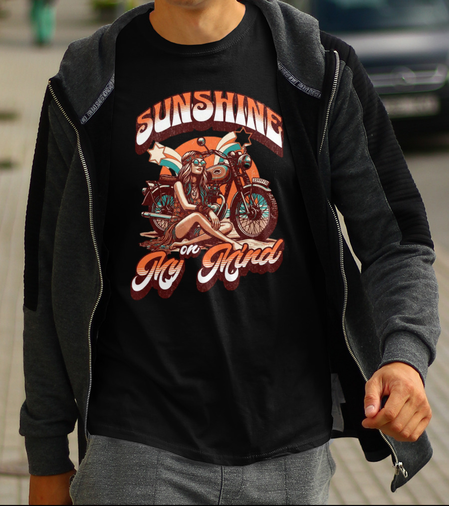 Sunshine On My Mind Hippie Motorcycle Sunset Retro Summer T-Shirt