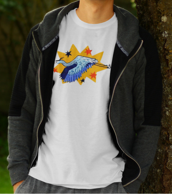 Grey Heron Flying Against Starry Yellow Burst T-Shirt
