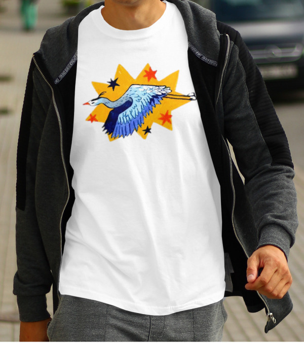 Grey Heron Flying Against Starry Yellow Burst T-Shirt