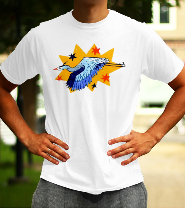Grey Heron Flying Against Starry Yellow Burst T-Shirt