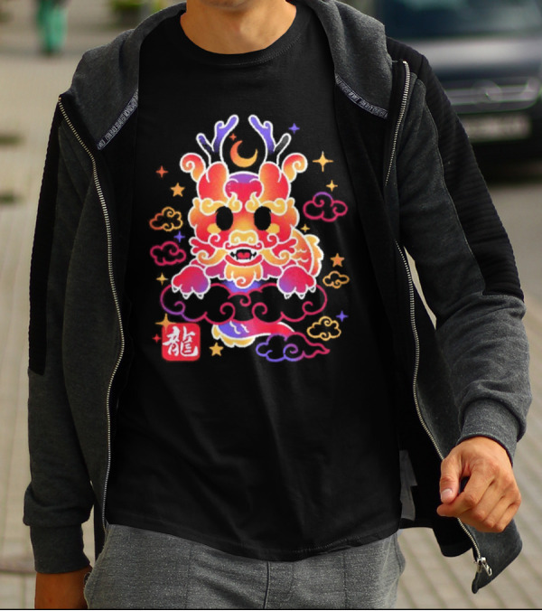 Kawaii Chinese Dragon With Colorful Clouds And Stars Asian Aesthetic T-Shirt