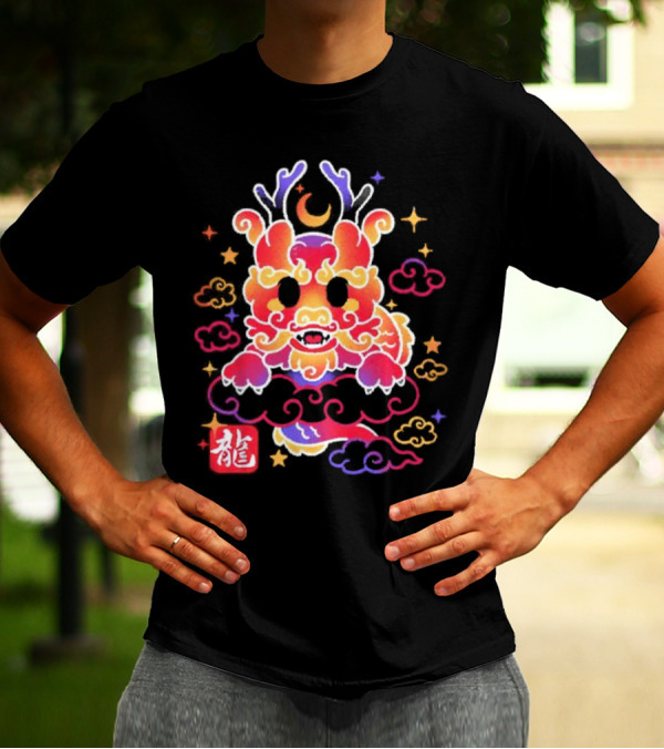 Kawaii Chinese Dragon With Colorful Clouds And Stars Asian Aesthetic T-Shirt