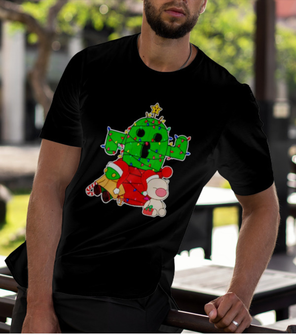 Funny Cactuar Christmas Lights With Moogle And Santa Costumes T-Shirt