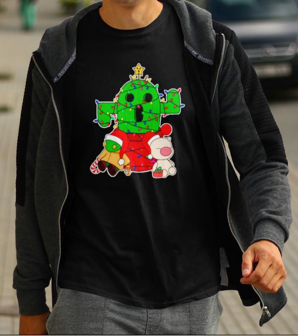 Funny Cactuar Christmas Lights With Moogle And Santa Costumes T-Shirt