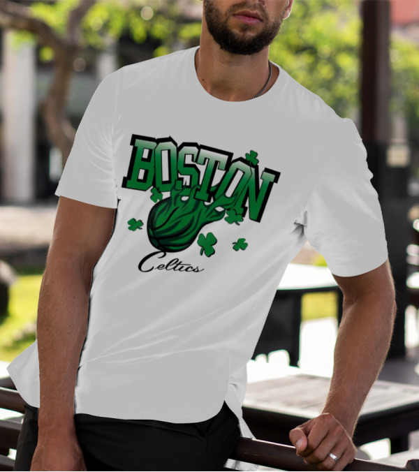 Boston Celtics Vintage Shamrock Basketball Flame T-Shirt