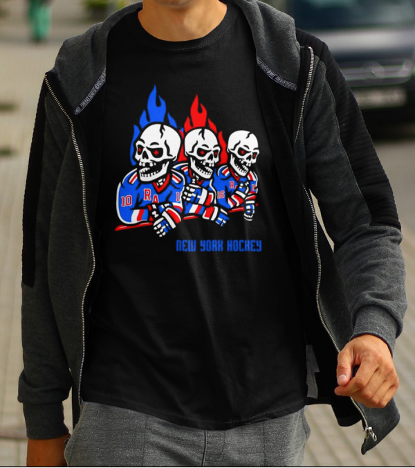 New York Rangers Skeleton Hockey Flames T-Shirt