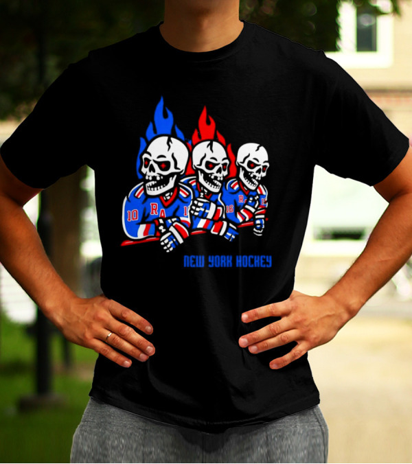 New York Rangers Skeleton Hockey Flames T-Shirt