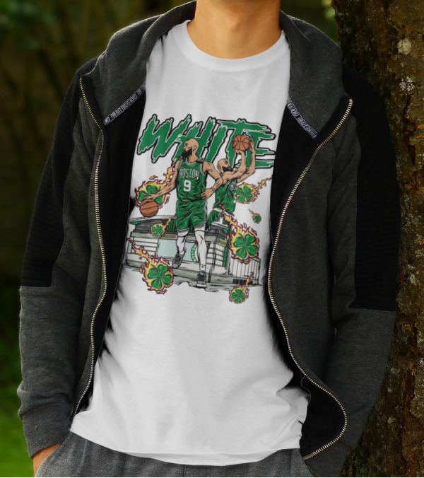Boston Celtics White 9 Basketball Player With Shamrocks And Basketball Court T-Shirt