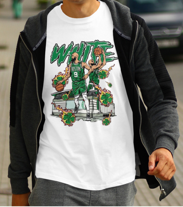 Boston Celtics White 9 Basketball Player With Shamrocks And Basketball Court T-Shirt